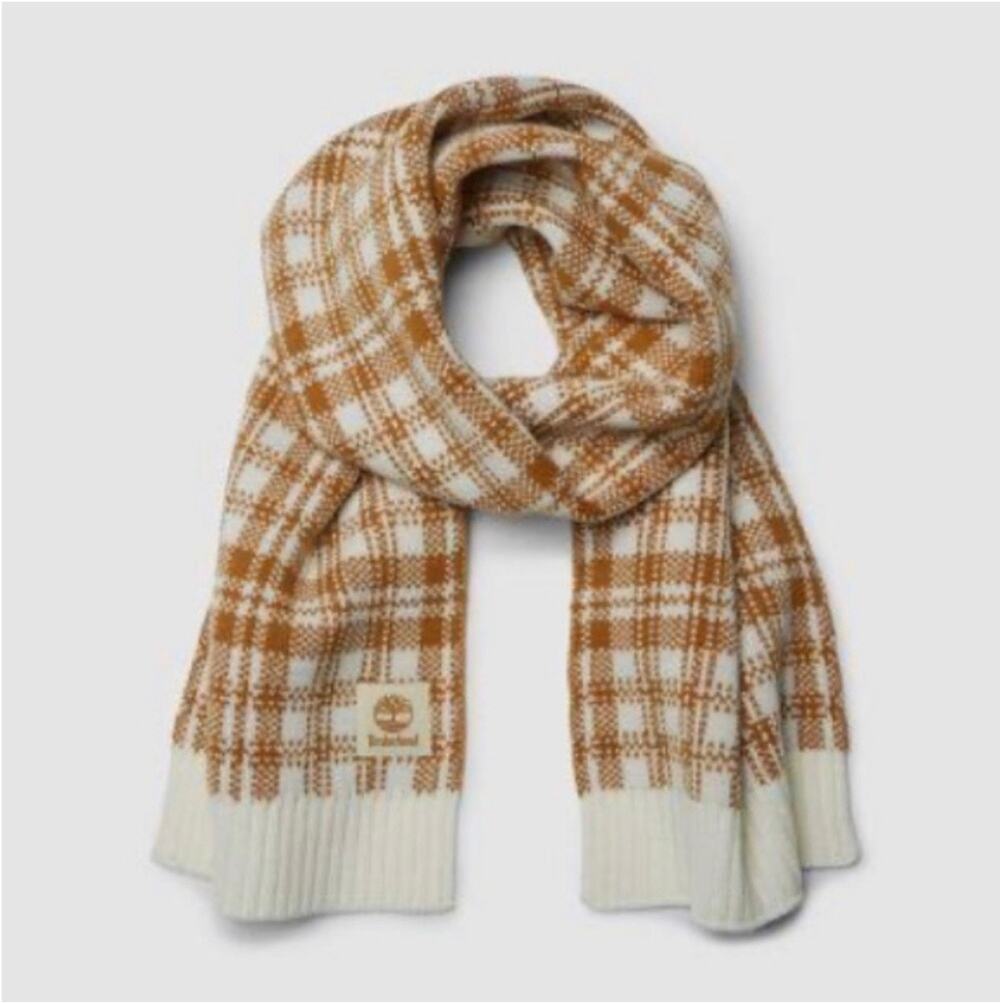 Timberland Buffalo Cozy Plaid Rust Orange Cream Knit Scarf Unisex